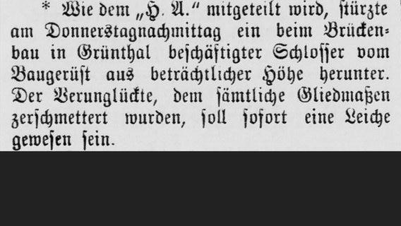 Meldung aus der "Kanal-Zeitung" vom 14. April 1892 über einen tödlichen Arbeitsunfall. © Stadtarchiv Brunsbüttel, Kanalzeitung 14.04.1892 gray0070 
