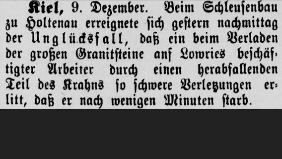 Meldung aus der "Kanal-Zeitung" vom 15. Dezember 1891 über einen Unglücksfall. © Stadtarchiv Brunsbüttel, Kanalzeitung 15.12.1891 gray0564 