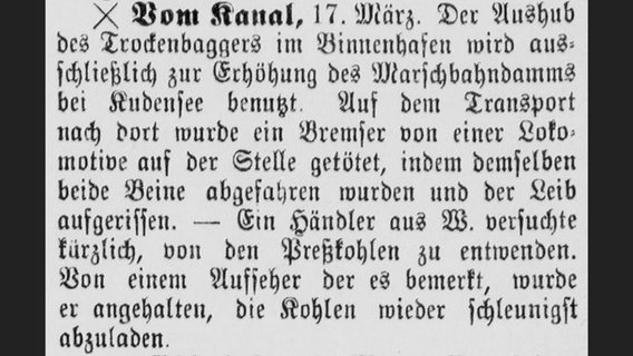 Meldung aus der "Kanal-Zeitung" vom 18. März 1893 über einen tödlichen Arbeitsunfall. © Stadtarchiv Brunsbüttel, Kanalzeitung 18.03.1893 gray0202 