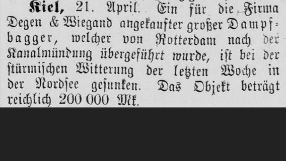 Meldung aus der "Kanal-Zeitung" vom 25. April 1891 über einen Arbeitsunfall. © Stadtarchiv Brunsbüttel, Kanalzeitung 25.04.1891 gray0370 