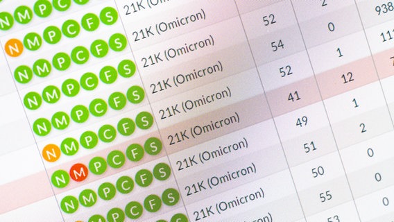 Auf einem Monitor der PCR-Analytik im Labor vom Niedersächsischen Landesgesundheitsamt (NLGA) werden verschiedene Varianten des Coronavirus wie Delta und Omikron dargestellt © picture alliance Foto: Julian Stratenschulte