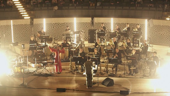 Screenshot: Sängerin Inéz vom Pop-Duo ÄTNA singt auf der Bühne der Elbphilharmonie während eines Konzerts mit der NDR Bigband. © NDR Bigband Foto: Screenshot