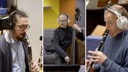 Montage aus Screenshots: Luigi Grasso (Saxofon), Ingmar Heller (Bass) und Fiete Felsch (Klarinette) von der NDR Bigband spielen "Together Alone" - getrennt und doch zusammen. © NDR Foto: Screenshot