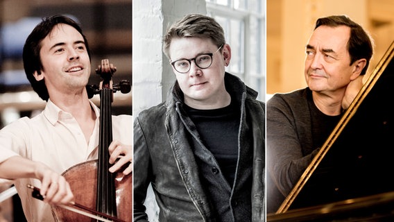 Bildmontage: Jean-Guihen Queyras, Mark Simpson und Pierre-Laurent Aimard © Sim Canetty-Clarke / Marco Borggreve / Wiener Konzerthaus Foto: Sim Canetty-Clarke / Marco Borggreve / Julia Wesely