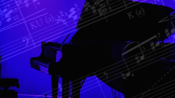 Ein Klavier als schwarzer Schatten vor blauem Hintergrund mit Notenlienien. © NDR /Axel Schäffler 
