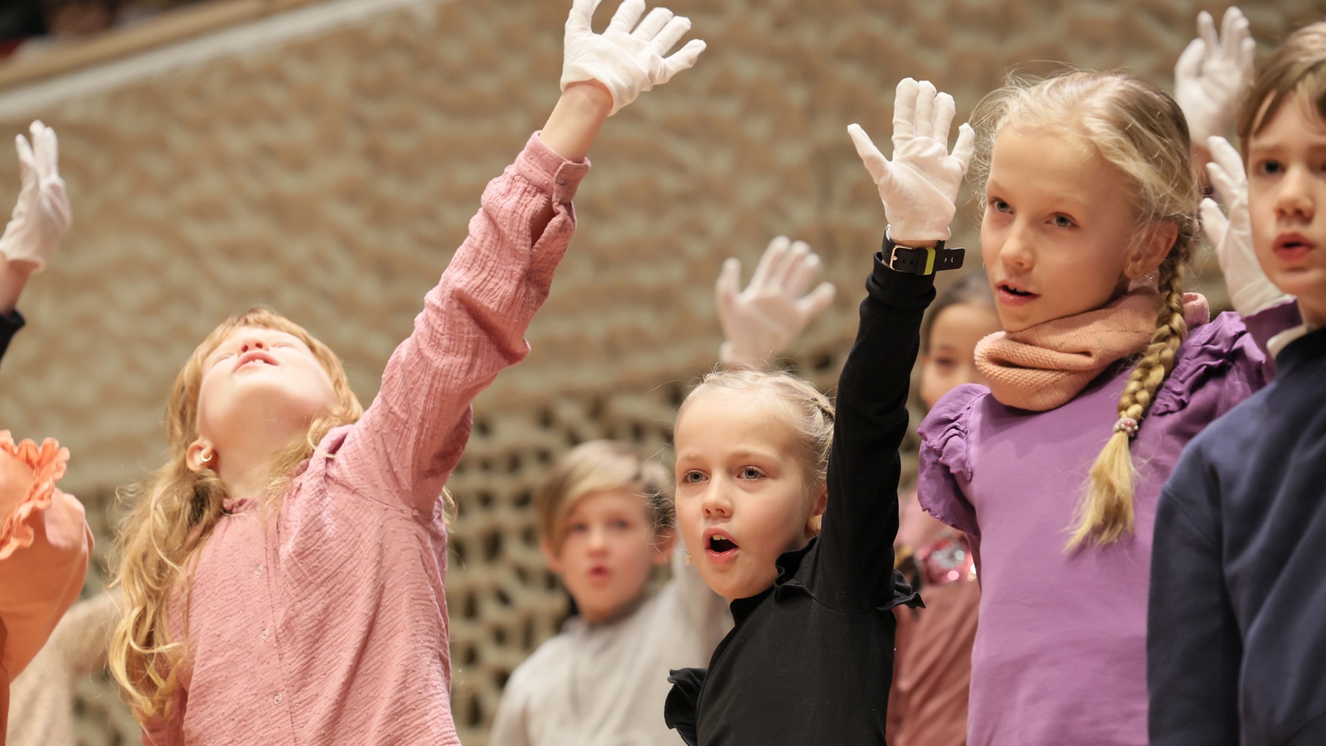Konzertszene: Kinder mit weißen Handschuhen gestikulieren im Publikum eines Discover-Music-Konzerts © NDR Foto: Marcus Krüger