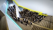 Screenshot: Musiker*innen des NDR Elbphilharmonie Orchesters im Foyer der Elbpilharmonie umrahmt von gelb und blau leuchtenden Linien © NDR Foto: Screenshot