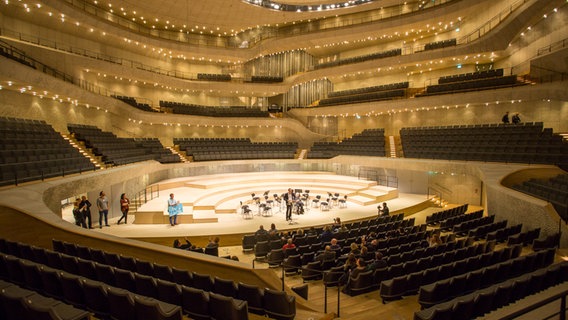 Blick aus der Totalen: Achim Dobschall begrüßt die Besucher der Backstage-Führung im Großen Saal der Elbphilharmonie © NDR Foto: Axel Herzig