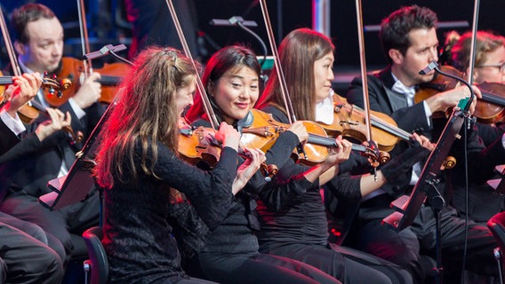 Streicher des NDR Elbphilharmonie Orchesters auf der Bühne des HafenCity Open Airs 2016 © NDR Foto: Axel Herzig