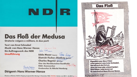 Konzertplakat und Karikatur zur geplatzten Uraufführung von Henzes "Das Floß der Medusa" (1968). © NDR 