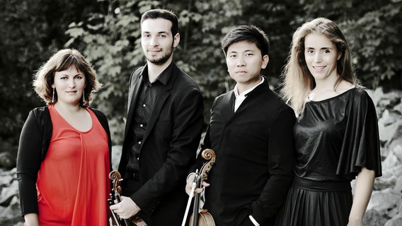 Das Noah Quartett (Ensemblebild): Alexandra Psareva, Michael Stürzinger, Erik Wenbo Xu und Bettina Barbara Bertsch (v.l.n.r.) © Gela Megrelidze 