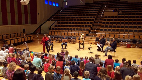Konzertszene aus der Mit-Mach-Musik: Kindergartenkinder schauen auf fünf Musiker und eine Frau im Hofnarr-Kostüm. © NDR Sinfonieorchester 