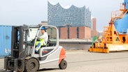 Screenshot: Ein Gabelstapler in der Hafencity, im Hintergund die Elbphilharmonie © NDR 