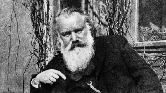 Johannes Brahms vor dem Haus des befreundeten Ehepaares Fellinger in Wien III, Hauptstraße 96. - Fotografie, September 1894 (Maria Fellinger). © akg-images Foto: Maria Fellinger