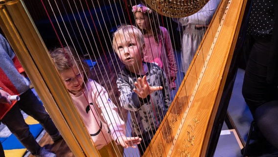 Kinder stehen an einer Harfe © NDR Foto: Helge Krückeberg