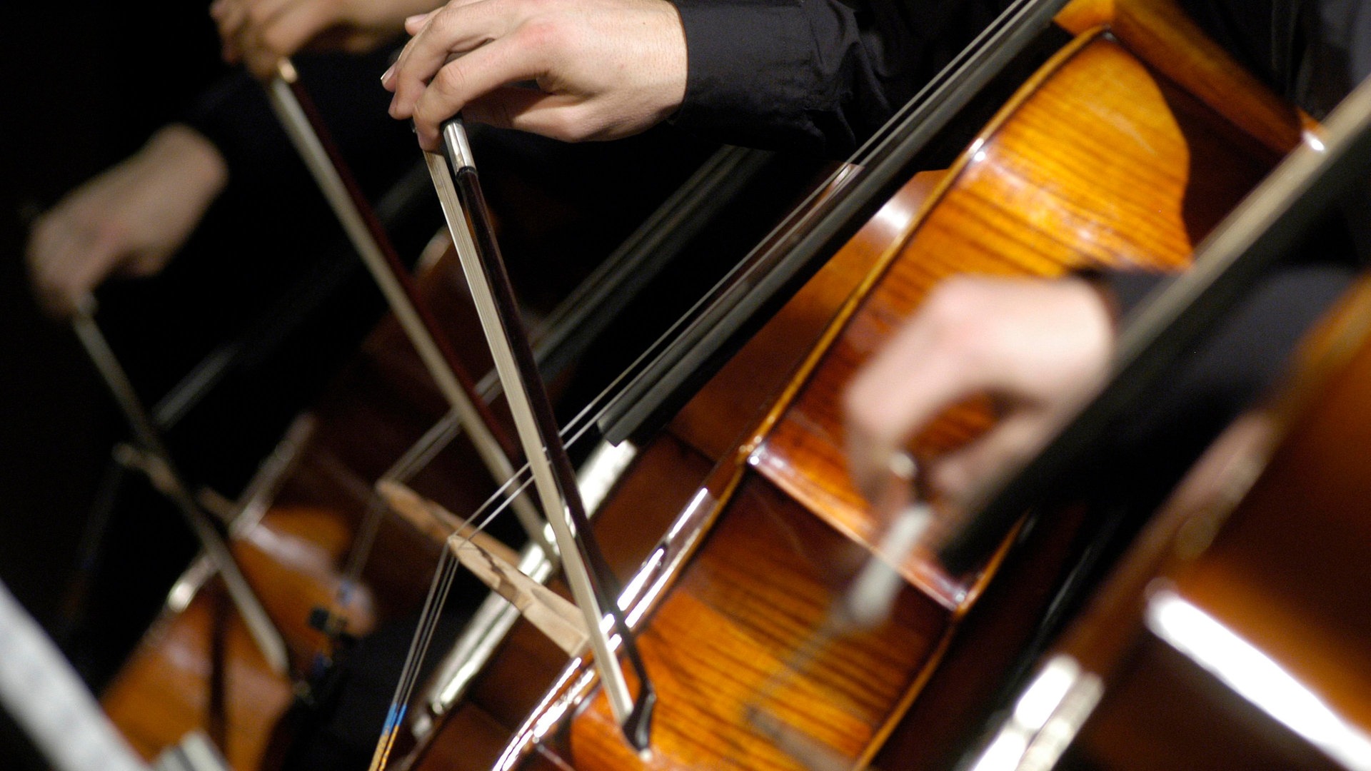 Mehrere Celli und Hände, die mit Bögen darauf spielen. © picture alliance Foto: image BROKER Norbert Michalke