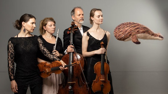 das hannoversche Orchester musica assoluta mit Stoff-Wal, v.l.n.r. Katharina Giegling (Konzertmeisterin), Eva Ludwig (Flöte), Thorsten Encke (Dirigent, Cellist, künstlerischer Leiter), Kari Träder (Viola) © NDR Foto: Helge Krückeberg