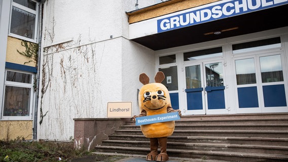Die Maus vor dem Eingang der Magister-Nothold-Grundschule Lindhorst. © NDR Foto: Helge Krückeberg