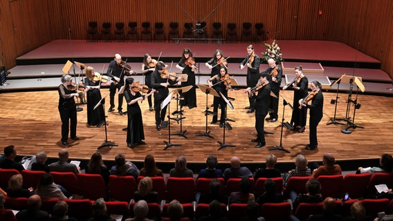 14 Bratscherinnen und Bratscher stehen auf der Bühne im Kleinen Sendesaal im Landesfunkhaus Hannover. © NDR Foto: Carsten P. Schulze