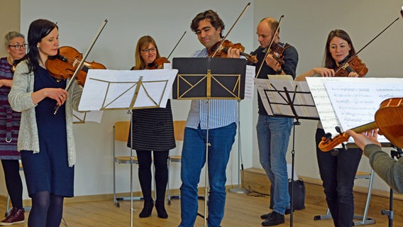 Sechs Bratscherinnen und Bratscher spielen in einem Klassenzimmer. © NDR Foto: Sophie Brunner