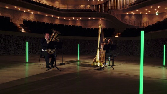 Screenshot: Harfenistin Anaëlle Tourret und Tubist Markus Hötzel vom NDR Elbphilharmonie Orchester auf der Bühne der Elphi © NDR Foto: Screenshot