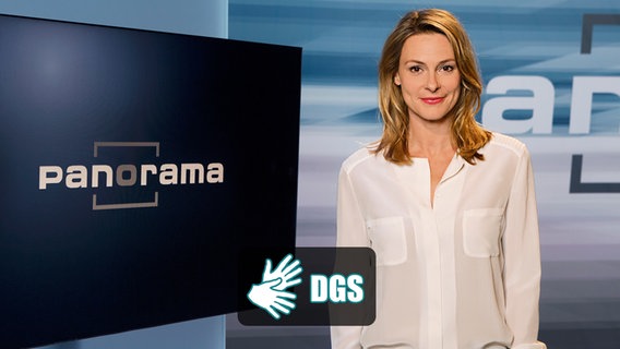 Sendungsbild von Panorama mit dem DGS Logo und Anja Reschke. © NDR Foto: Thomas Pritschet