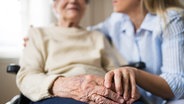 Eine Pflegerin legt den Arm um eine alte Frau im Rollstuhl und hält deren Hand. © Colourbox Foto: 232319