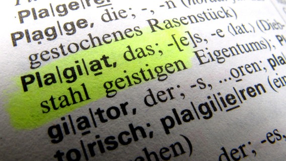 Das Foto zeigt das Wort «Plagiat» in einem Wörterbuch. © dpa Foto: Stephan Jansen