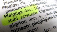 Das Foto zeigt das Wort «Plagiat» in einem Wörterbuch. © dpa Foto: Stephan Jansen