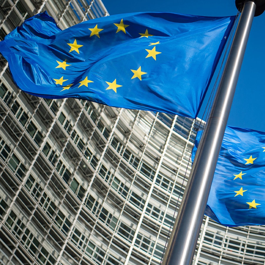 Flaggen der Europäischen Union wehen im Wind vor dem Berlaymont-Gebäude, dem Sitz der Europäischen Kommission. © dpa-Bildfunk Foto: Arne Immanuel Bänsch