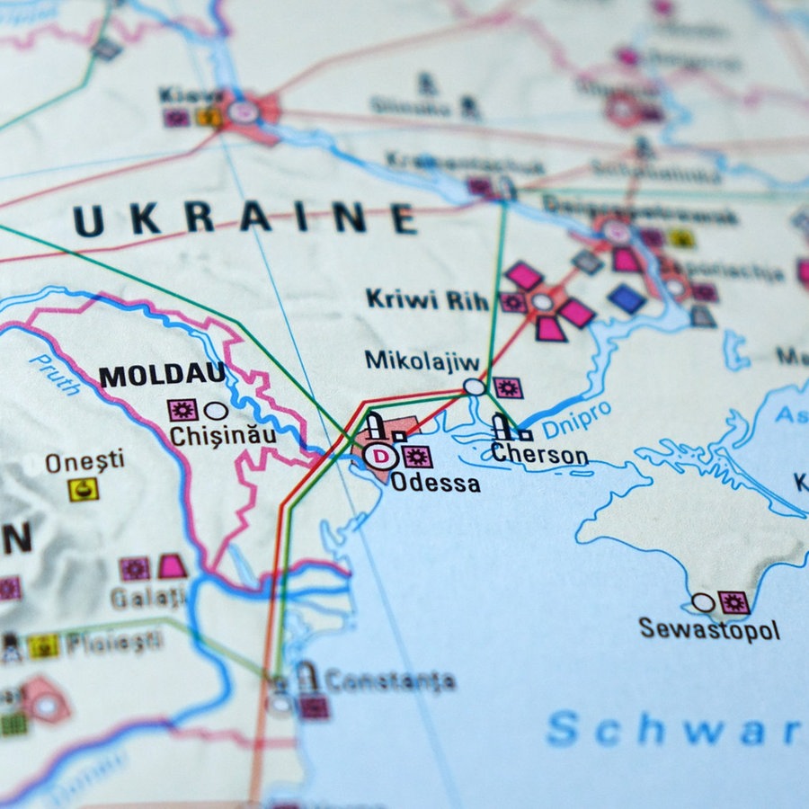 Eine Landkarte zeigt Teile der Ukraine, das Land Moldau und angrenzende Regionen. © picture alliance / FotoMedienService | Ulrich Zillmann 
