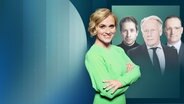 Moderatorin Caren Miosga und ihre Gäste vor dem Sendungslogo. © ARD 