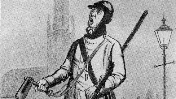 Ein Hamburger Nachtwächter im Jahr 1850 (Zeichnung). © Polizei Hamburg 