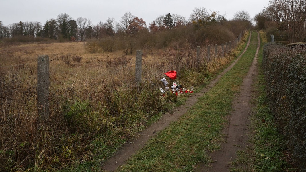 An einem Zaun zu einem verwilderten Grundstück, wo am 07.12.2023 die getötete 18-jährige gefunden wurde, stehen Kerzen, Plüschtiere und Blumen.