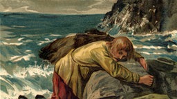 Robinson Crusoe wird nach dem Schiffbruch an die Insel geschwemmt, Illustration: John Dawson, 1891 Robinson Crusoe wird nach dem Schiffbruch an die Insel geschwemmt, Illustration: John Dawson, 1891 © picture-alliance / 91020/UA/WHA