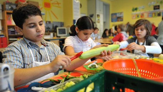 Kinder schneiden in einer Gruppe Obst und Gemüse. © dpa Foto: Bernd Thissen