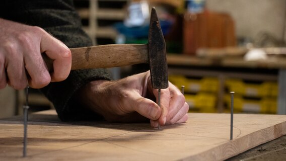 Ein Hammer schlägt Nägel in ein Holzbrett.  Foto: Jan-Philipp Baumgart