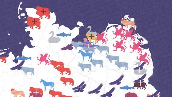 Auschnitt der Karte "Tiere in Wappen" vom Buch "Deutschlandkarte" von Matthias Stolz.  