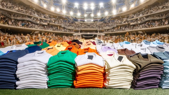 Ein KI-generiertes Bidl zeigt einen Stapel Sport-Shirts, die auf dem Rasen eines Fußballstadions liegen. © NDR Foto: NDR