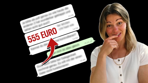 555 Euro stehen in roter fetter Schrift in einem Chatverlauf. Reporterin guckt skeptisch © Redaktion 
