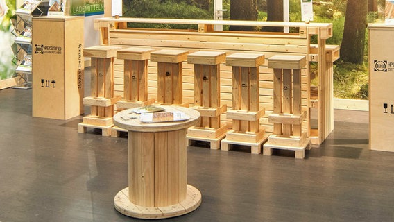 Eine Theke mit Barhockern, gebaut aus Paletten © Bundesverband Holzpackmitel, Paletten, Exportverpackung (HPE) 