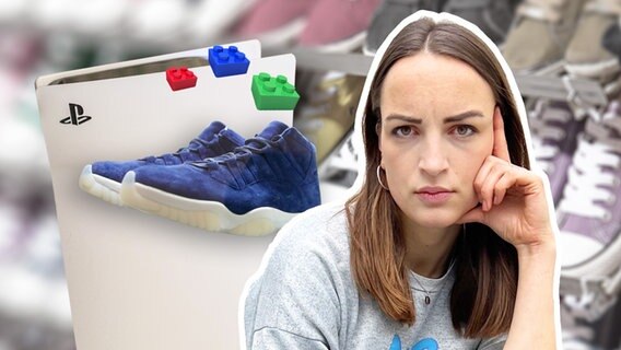 Frau auf Bild mit Zeigefinger an der Wange. Blaue Schuhe, bunte Legosteine und weiße Playstation sind auf dem Bild und im Hintergrund ein Schuhregal, welches unscharf ist. © UPI Photo, Design Pics, Pixsell 