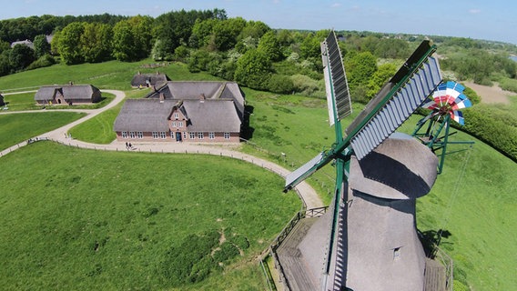 Eine Luftaufnahme vom Freilichtmuseum Molfsee in Schleswig-Holstein zeigt das Gelände mit den Gehöften und der Mühle. © Stiftung Schleswig-Holsteinische Landesmuseen 
