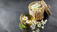 Eine Tasse Kamillentee und ein Körbchen mit frischen Kamillenblüten. © Colourbox Foto: -