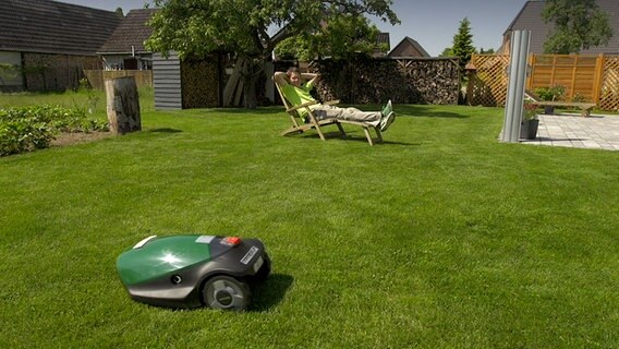 Der autonome Roboter übernimmt das Rasenmähen ganz alleine. © NDR Foto: Udo Tanske