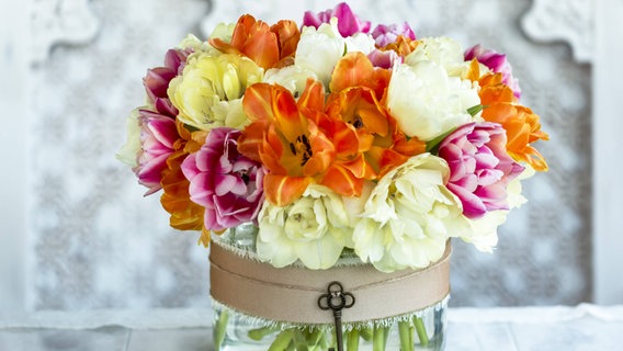 Dekorative mehrfarbige Schnittblumen in einer Glasvase. © imago images / Design Pics 