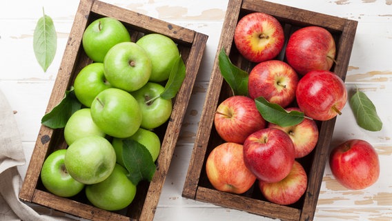 Zwei unterschiedliche Apfelsorten in je einer Holzkiste. © Colourbox Foto: Evgeny Karandaev