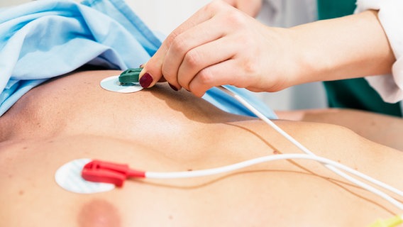 Eine Hand befestigt Elektroden für ein EKG an der Brust eines Menschen. © Colourbox 