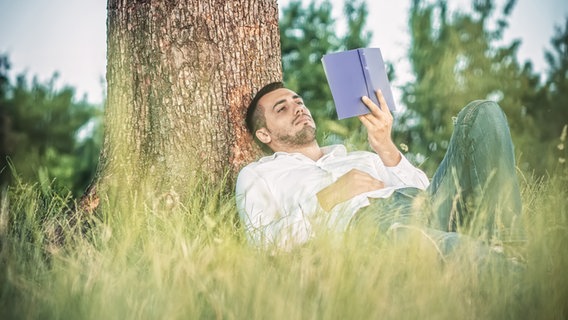 Ein Mann sitzt auf einer Wiese an einen Baum gelehnt und liest ein Buch. © Colourbox Foto: Alen