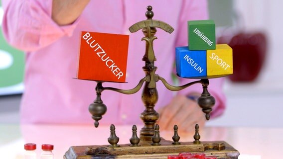 In den Schalen einer Waage liegen Klötze mit den Bezeichnungen Blutzucker, Ernährung, Insulin und Sport. © NDR 